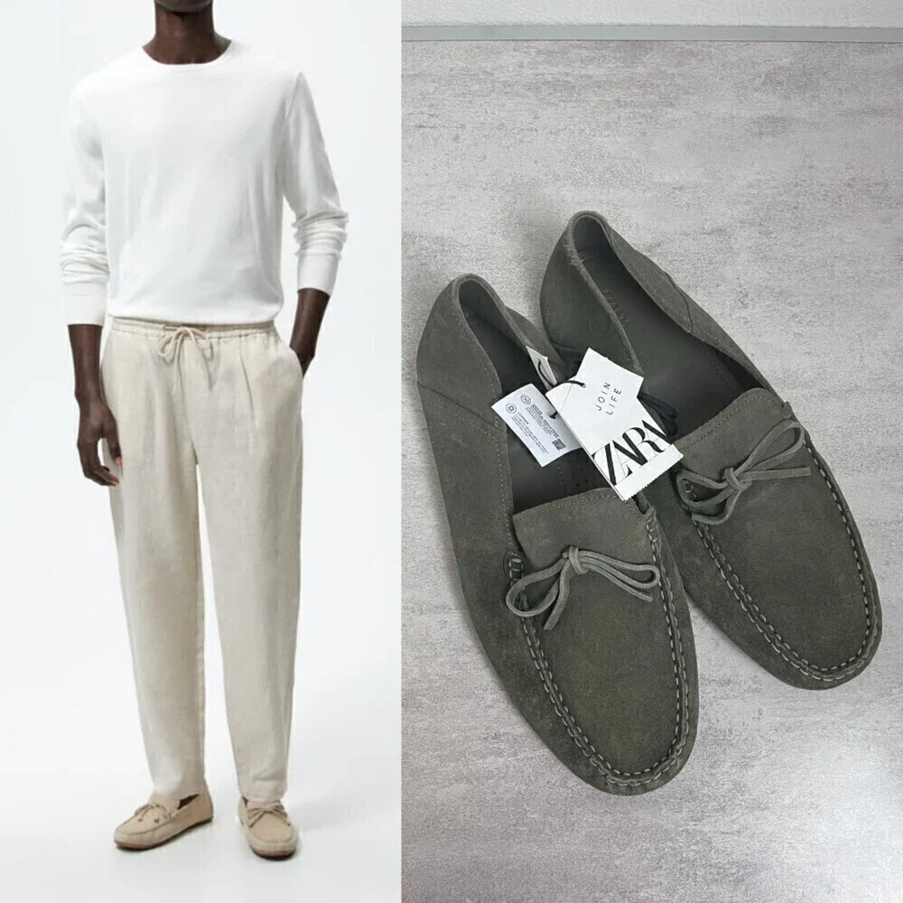 Zara Men Size 11.5 Leather Army Green Driving Moccasins NEW Casual Comfort Shoes